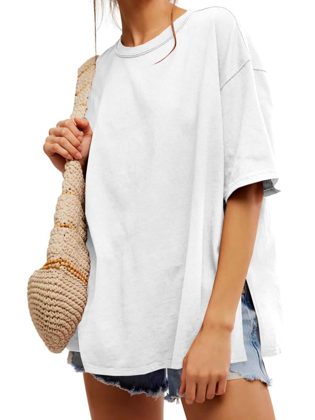 Tankaneo Womens Oversized T-Shirts Summer Casual Short Sleeve Loose Fit Top Baggy, Boxy, Crew Neck, Flowy Shirt, Side Slit, Solid Color, Striped, Leopard Print, Cute, Going Out