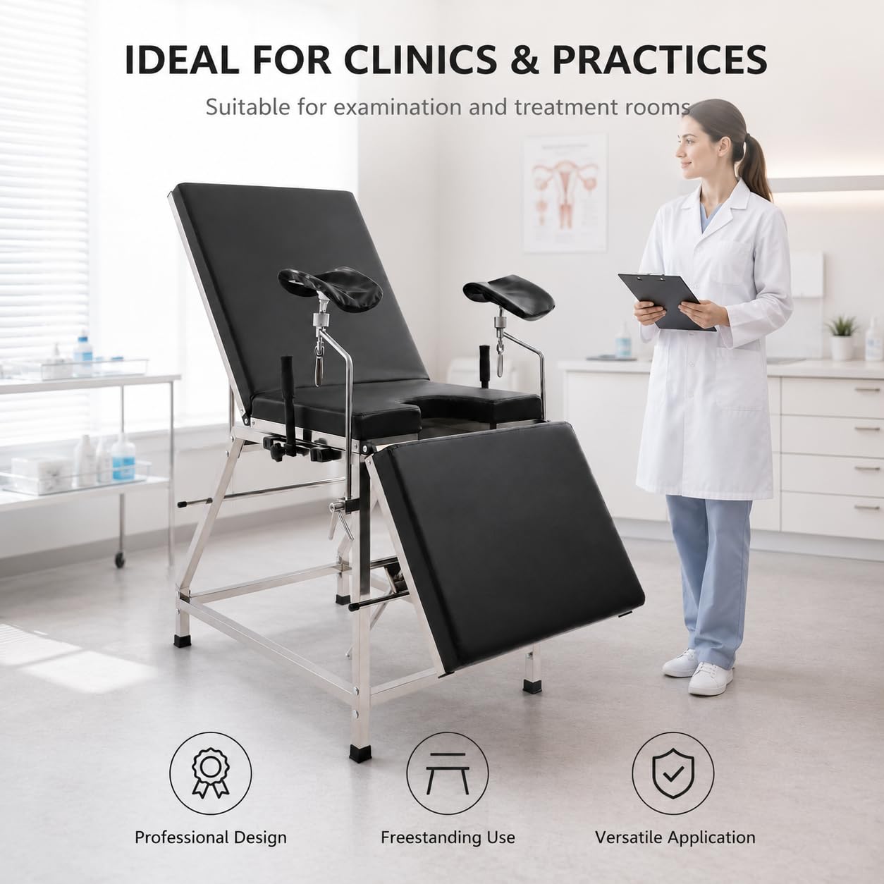 Gynäkologischer Stuhl, Edelstahl verstellbar, 200kg Tragfähigkeit | Für Kliniken und Praxen, Hygienisch Leicht zu Reinigen, Stabile Edelstahlkonstruktion, Ergonomische Polsterung