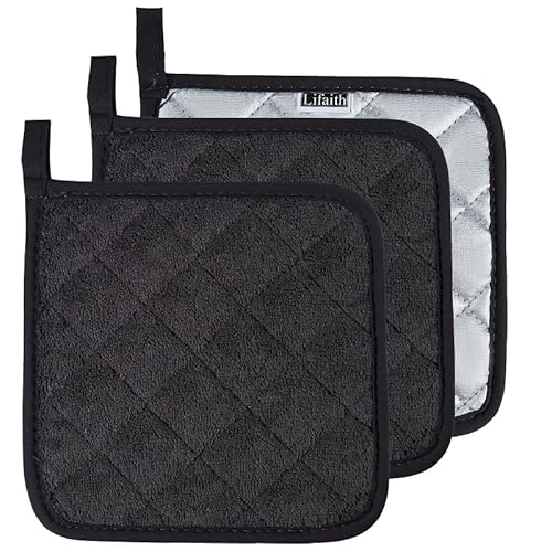 Lifaith Potholders 3-Pack 8x8 Inch, Cotton Pot Holders for Kitchen - Heat Resistant Hot Pads, Oven Mitts & Trivet Set for Cooking and Baking (Grey)