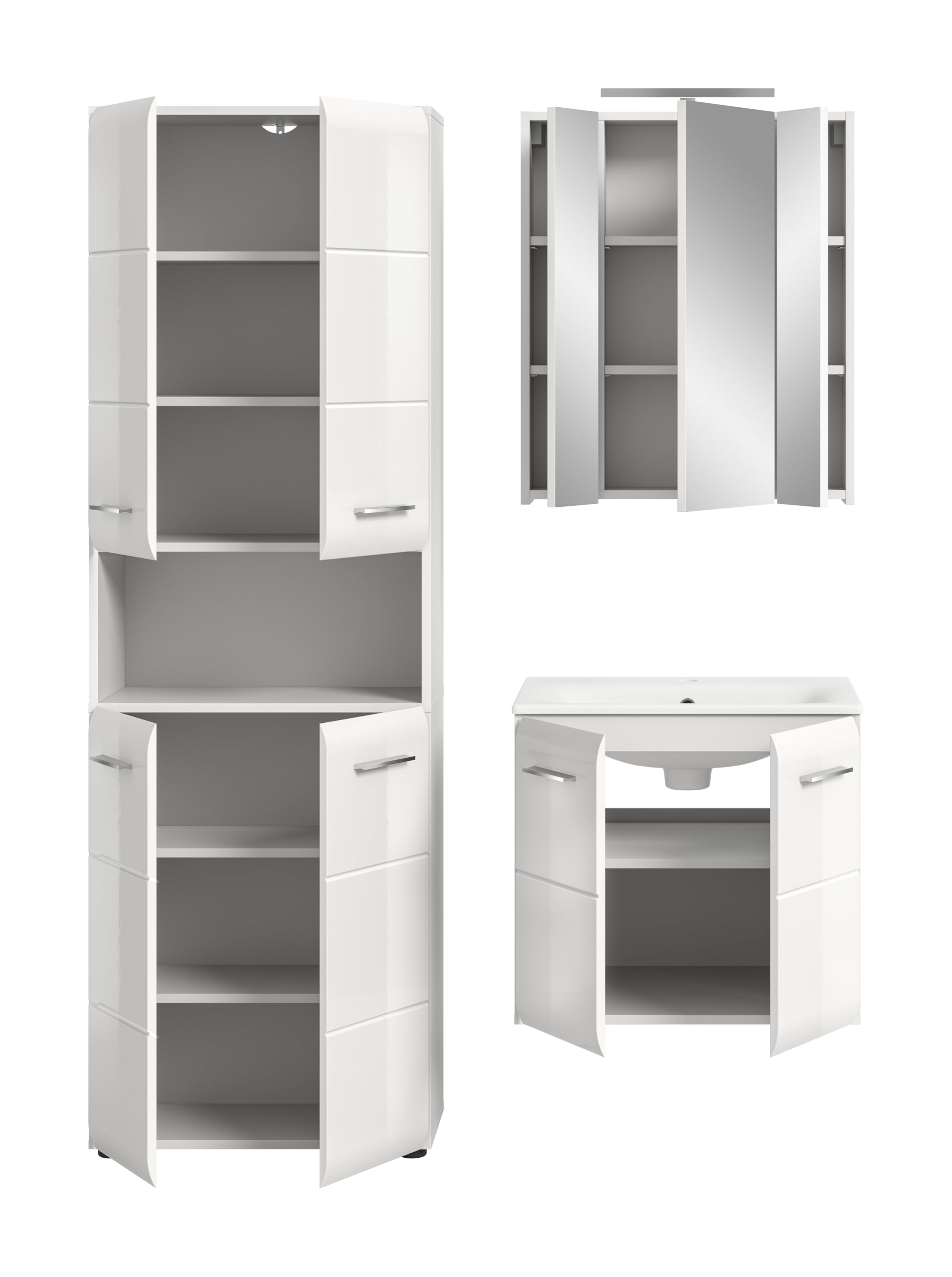 xonox.home – 3 TLG. Badkombination Ice 135x185x46 cm in Korpus weiß Nachbildung und Front weiß Hochglanz – Moderne Badezimmermöbel Kombination – stilvoll – Bild 3