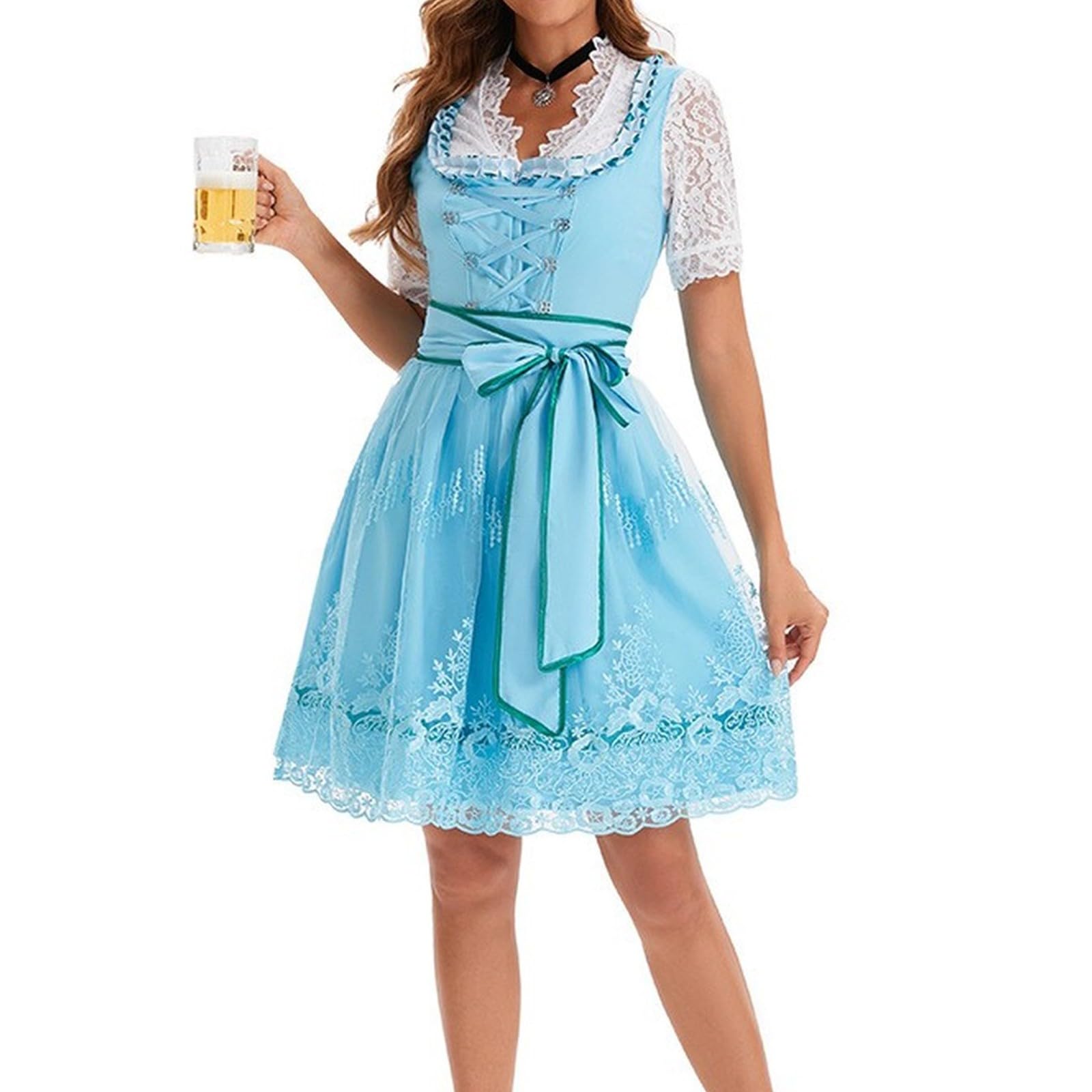 Dirndl Blau Damen Midi Trachtenkleid Dirndlbluse Spitze Dirndlschürze Schleife Dirndl-Komplettsets 4 Teilig Trachten Oktoberfest Damen Outfit Dirndlkleid Trachtenmode Einfarbige Trachtenrock