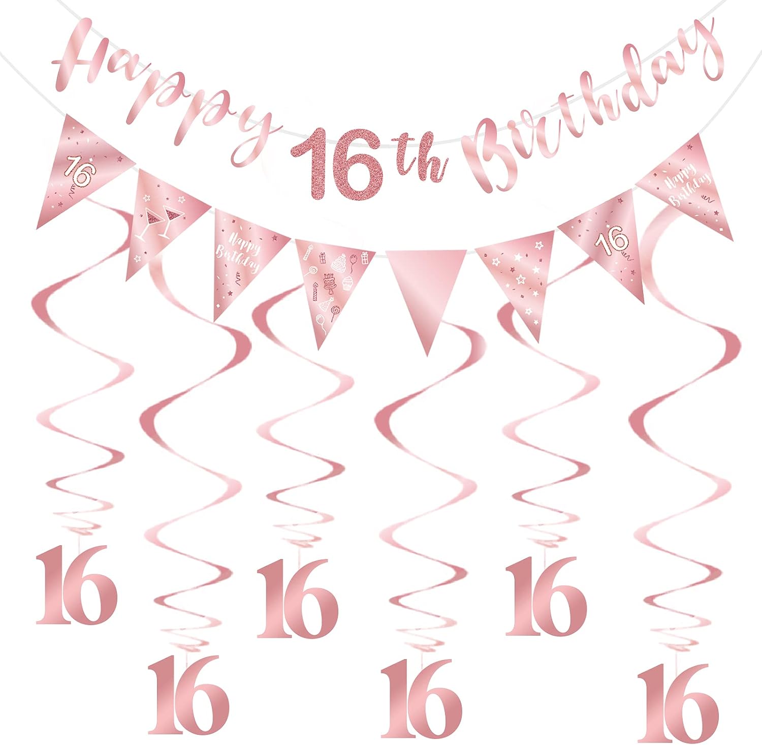 Rose Gold 16th Birthday Decoration for Girls - Happy 16th Birthday Banner with Bunting Swirls and Triangle Flag for Party Decorations