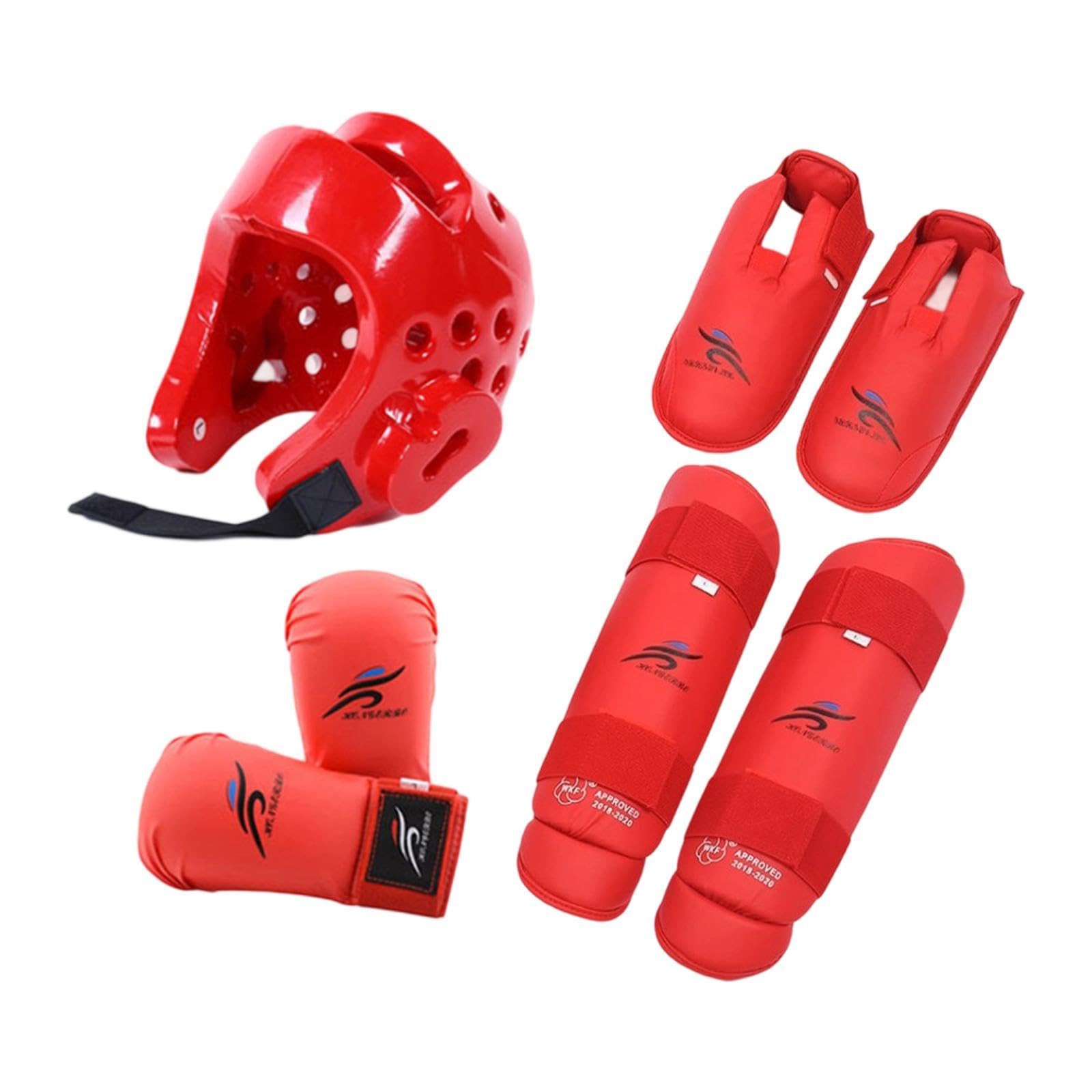 Wswqop Taekwondo Sparring Equipment Set, Helmet, Training Equipment with Shin Guards, Arts Shoes, Red L