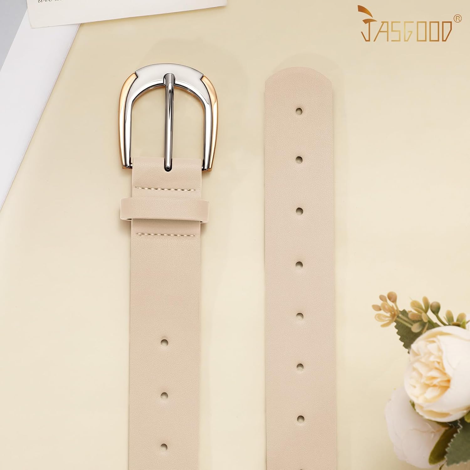 JASGOOD Leather Belts for Women Ladies Casual Belt for Jeans Pants Dresses with Gold and Silver Buckle - Image 3