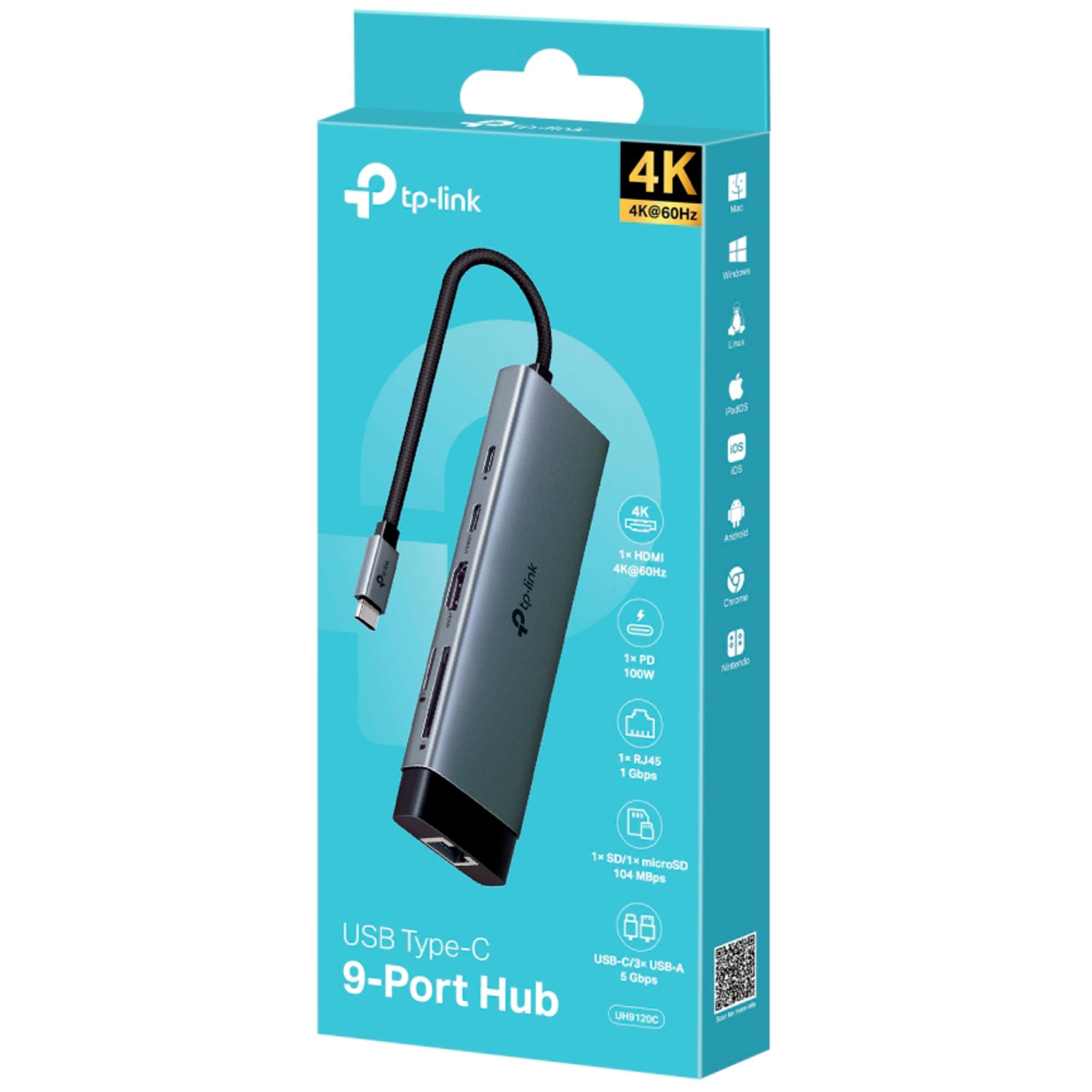 TP-Link Hub USB C HDMI 9-en-1 PD100W, UH9120C | HDMI 4K60, Ethernet, SD, USB 3.0, PD100W, idéal bureau/création de contenu, compatible Windows, Mac et Linux