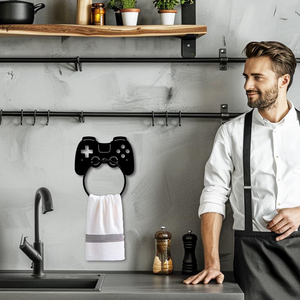 MAYJOYDIY Toallero de metal con forma de mando de juego, soporte para toallas para decoración de habitación de jugadores, soporte de toalla de arte negro, montado en la pared para baño, cocina, hogar,