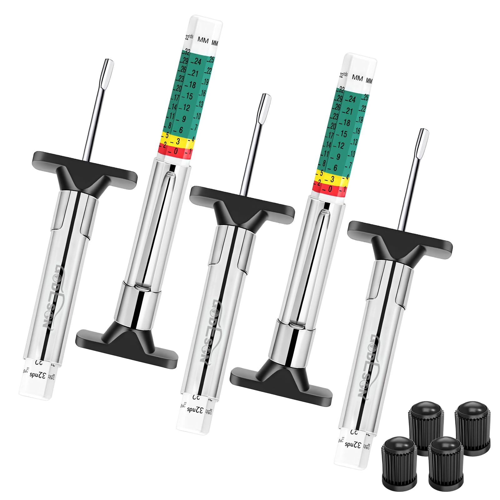 Godeson 5-Pack Tyre Tread Depth Gauges with 4 Tyre Caps - Professional 6-Sided Color-Coded, Dual Scale (1/32" & 25mm) for Car, Truck, Motorcycle