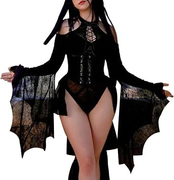 Halloween Women Long Sleeve Bodysuit Cold Shoulder Spider Web Sheer Tops Bodysuit Clubwear