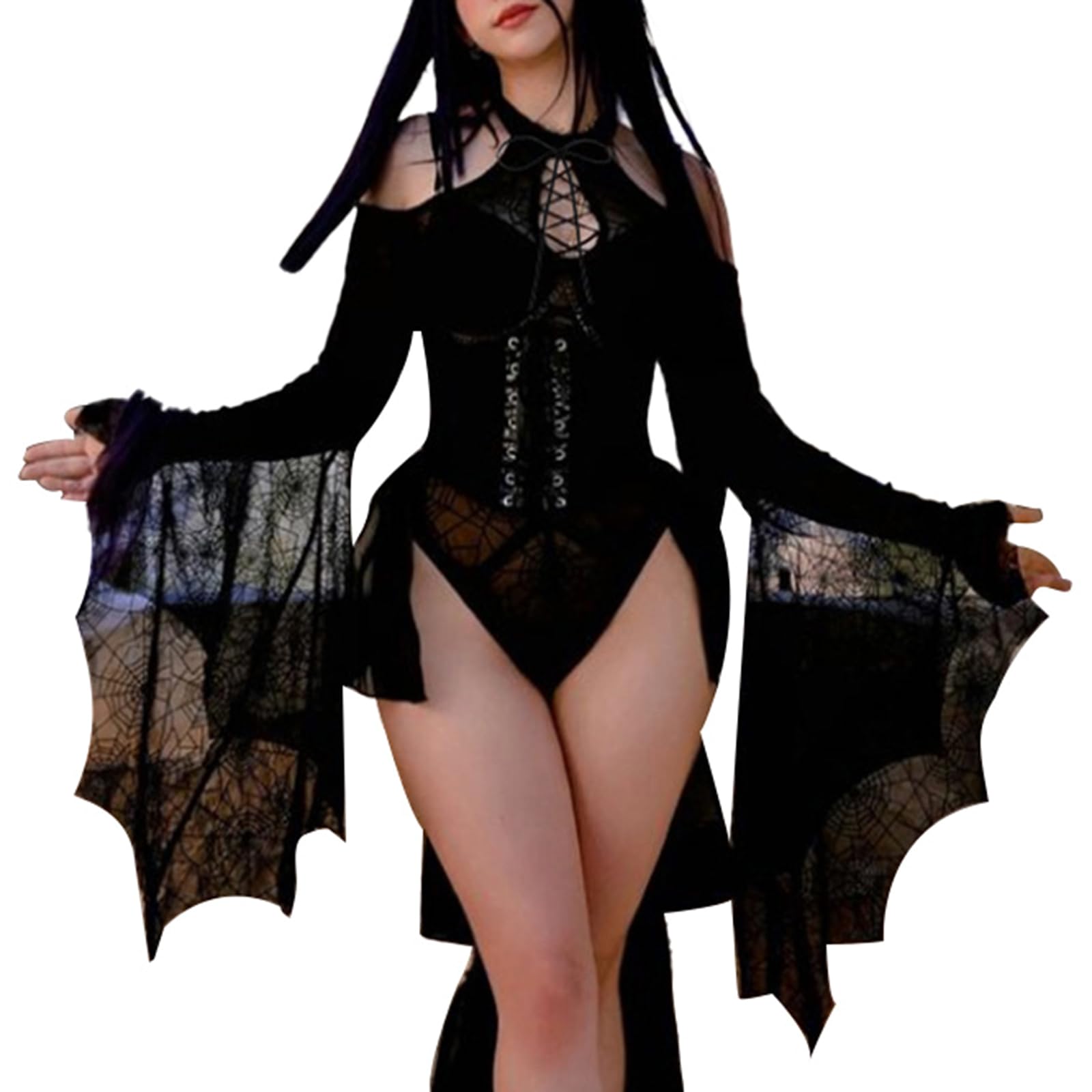 Edhomenn Womens Hooded Halloween Costume Witch Batwing Sleeve Gothic Fancy Dresses Mesh Sheer Romper Dress Sexy Jumpsuit Cosplay Outfits (03 Black, S) โ image 1