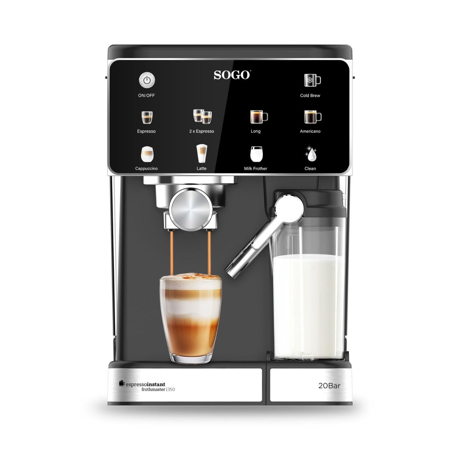 SOGO Cafetera Espresso 4 en 1 con Espumador de Leche y Panel Táctil – 20 Bar, Compatible Nespresso® y Café Molido, Depósito 1.5 L, 1350 W, Negro