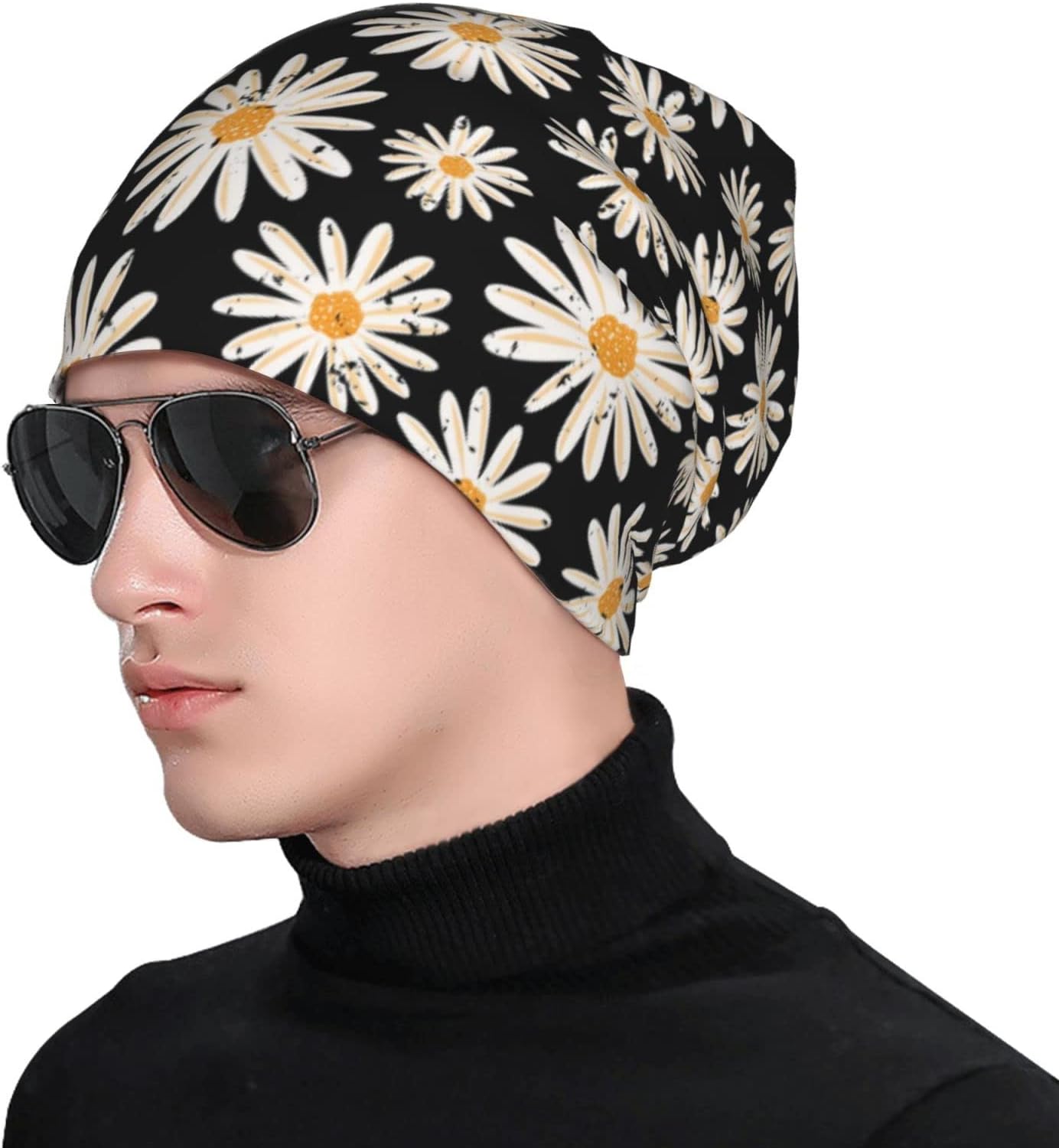 LAIPUTER Vintage Daisy Flowers Beanie Standard Closed Chemo Knitted Hats Baggy Slouchy Skull Cap Cancer Headwear for Women Men - Image 5