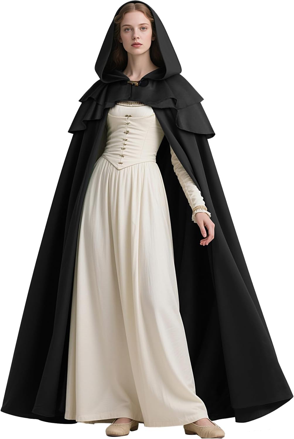 L'VOW Medieval Hooded Cloak Renaissance Cape with Ruffled Shawl Collar for Women Men Halloween Cosplay