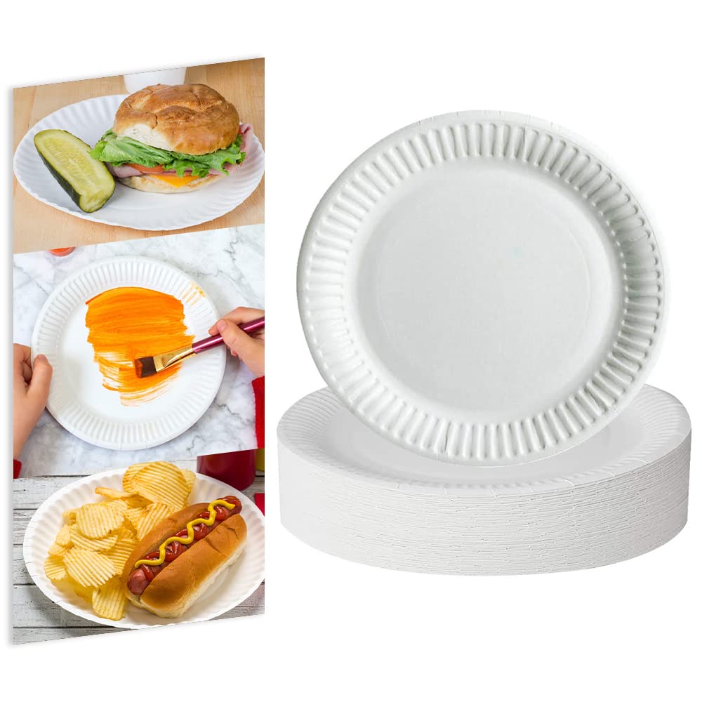 Venuscello100 x Paper Plates Disposable White Bagasse Dishes for Lunch Dinner Breakfast Birthday Parties Catering Takeaway Food Wedding BBQ - 6" inch
