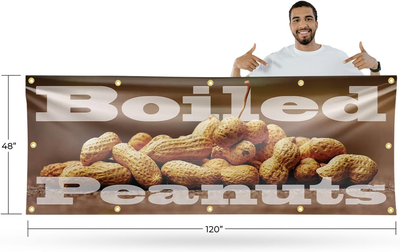 Boiled Peanuts Banner Sign 48 Inch x 96 Inch | 13 oz Vinyl with Metal Grommets | Heavy-Duty Single-Sided Outdoor Durable Printed High-Quality Weatherproof | Made in the USA