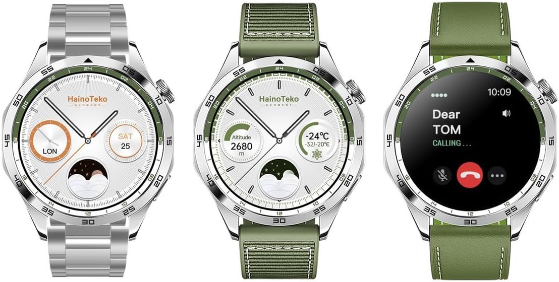 Haino Teko RW44 Round Screen AMOLED Display Smart Watch With 3 Pair Straps and Wireless Charger For Gents and Boys Green