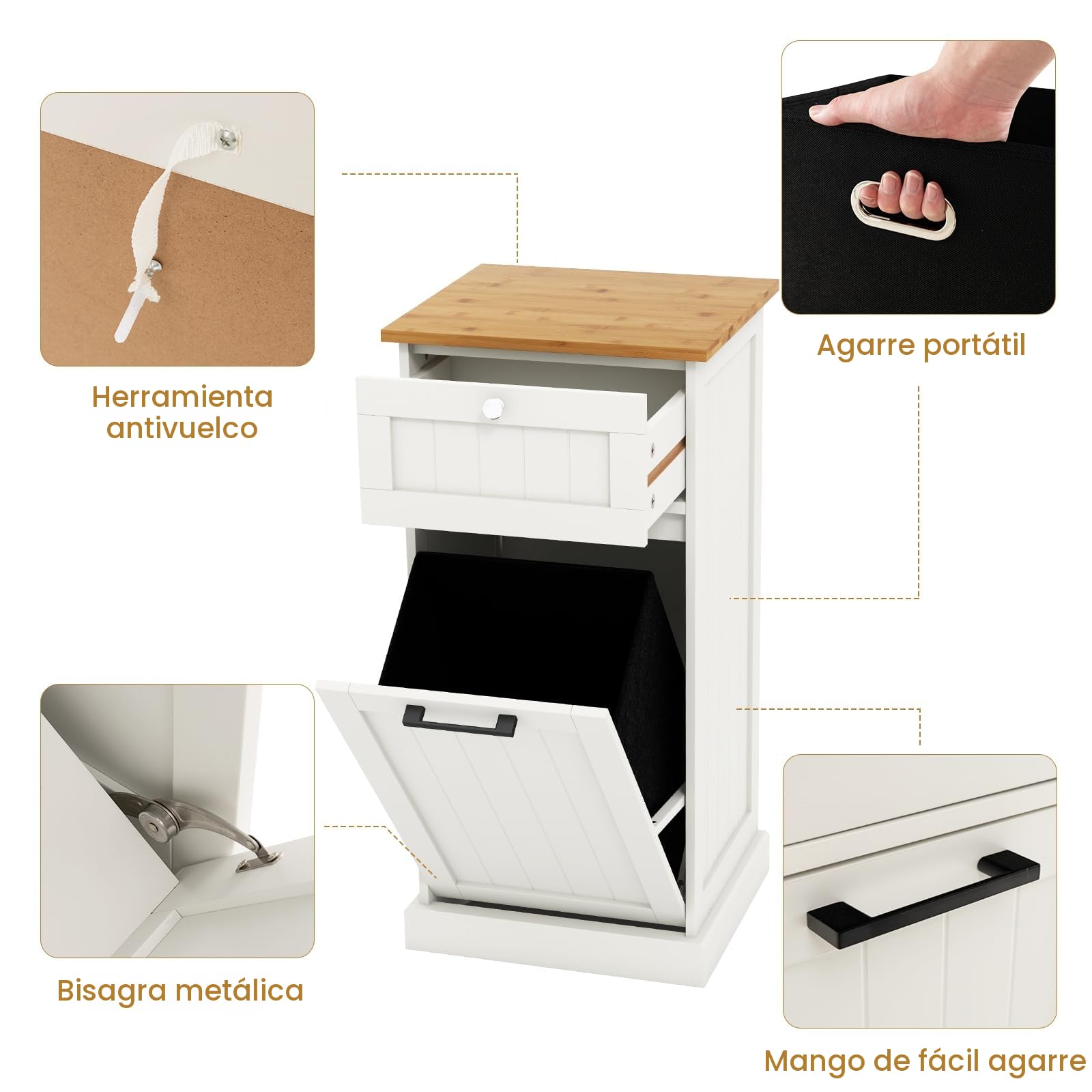 KOMFOTTEU Armario de Cocina con Soporte para Cubos de Basura, Aparador Bajo con Puerta Inclinable y Cajón, Mueble de Almacenamiento para Baño, Lavandería (Puerta única)
