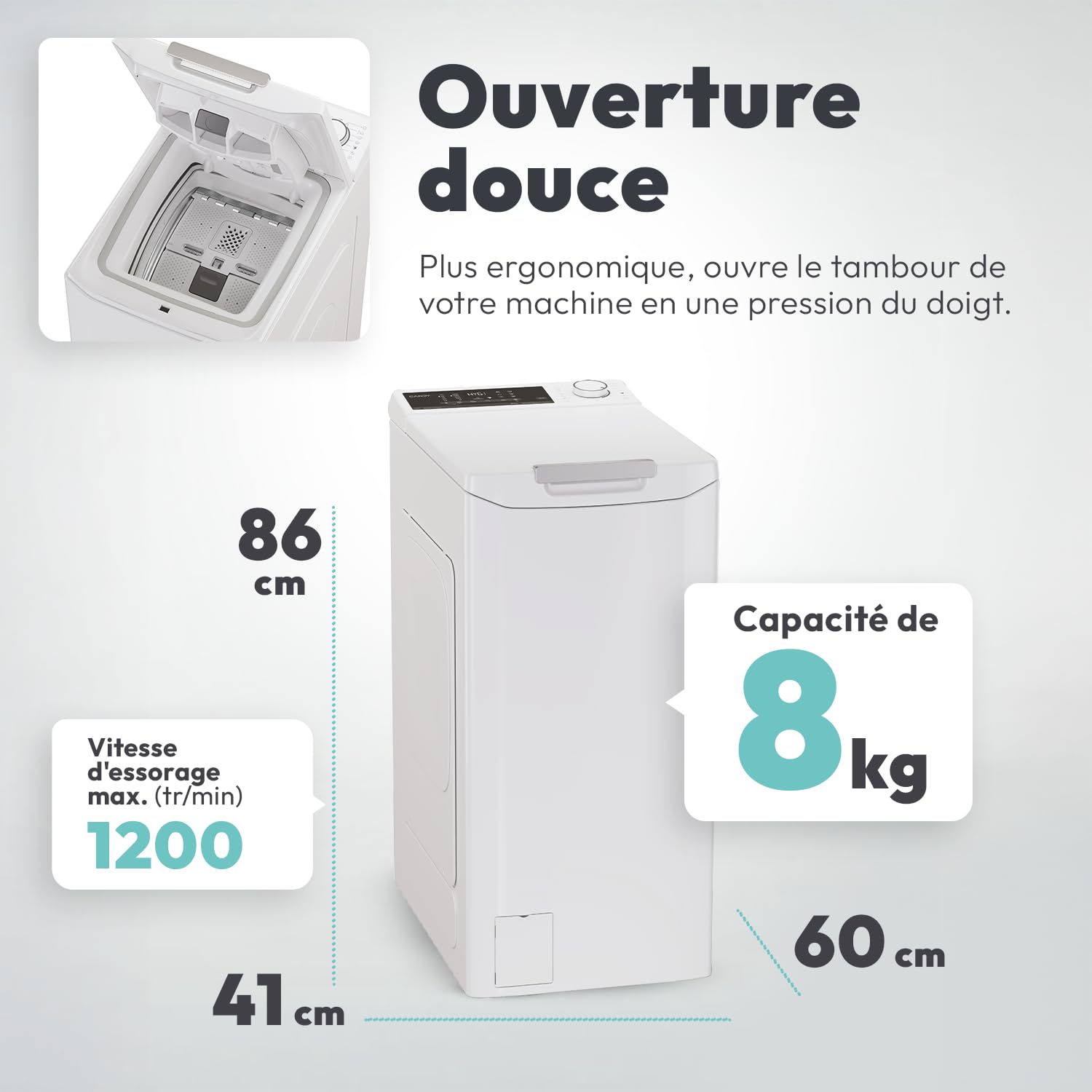 CANDY Machine à Laver Top 8kg 1200 trs/min Classe B Wifi Blanc TCAS284TM4-S