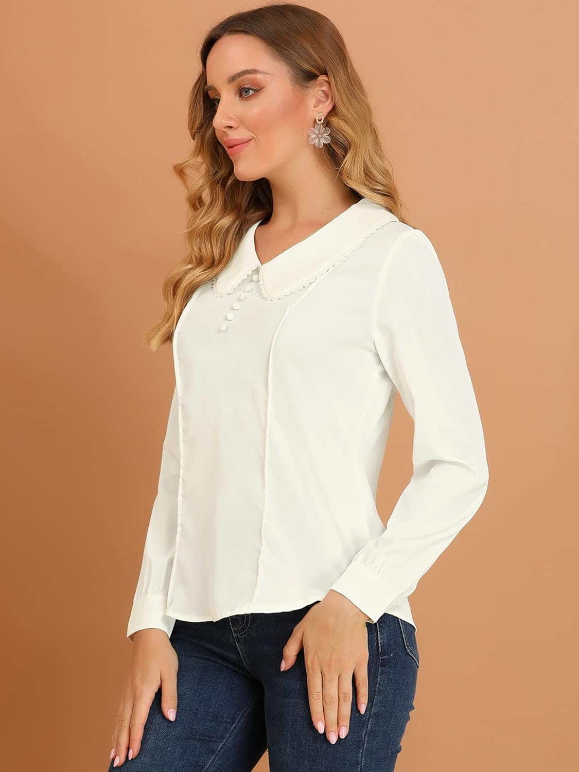 Allegra K Women's Vintage Peter Pan Collar Shirt Cute Lacy Trim Long Sleeve Blouse - Image 4