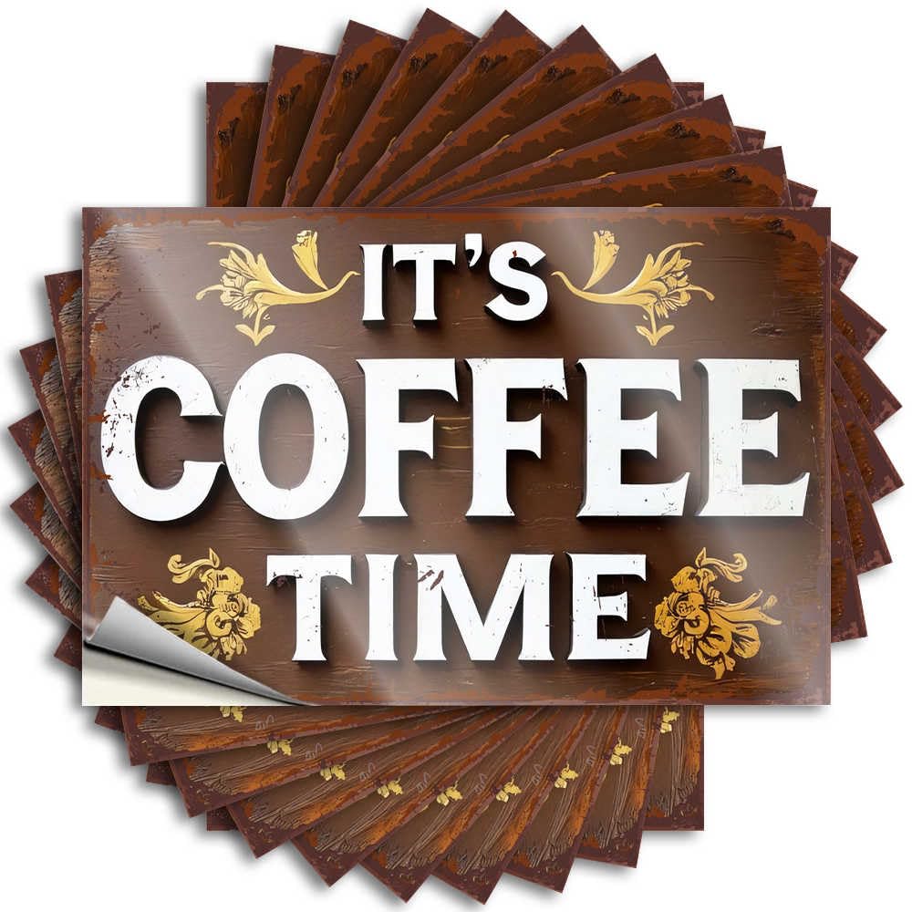 Sticker Laptop Optical Illusion Golden Floral Coffee Time Sign for Hunting - The Room Decorations Easy Peel Removable(6X9CM)