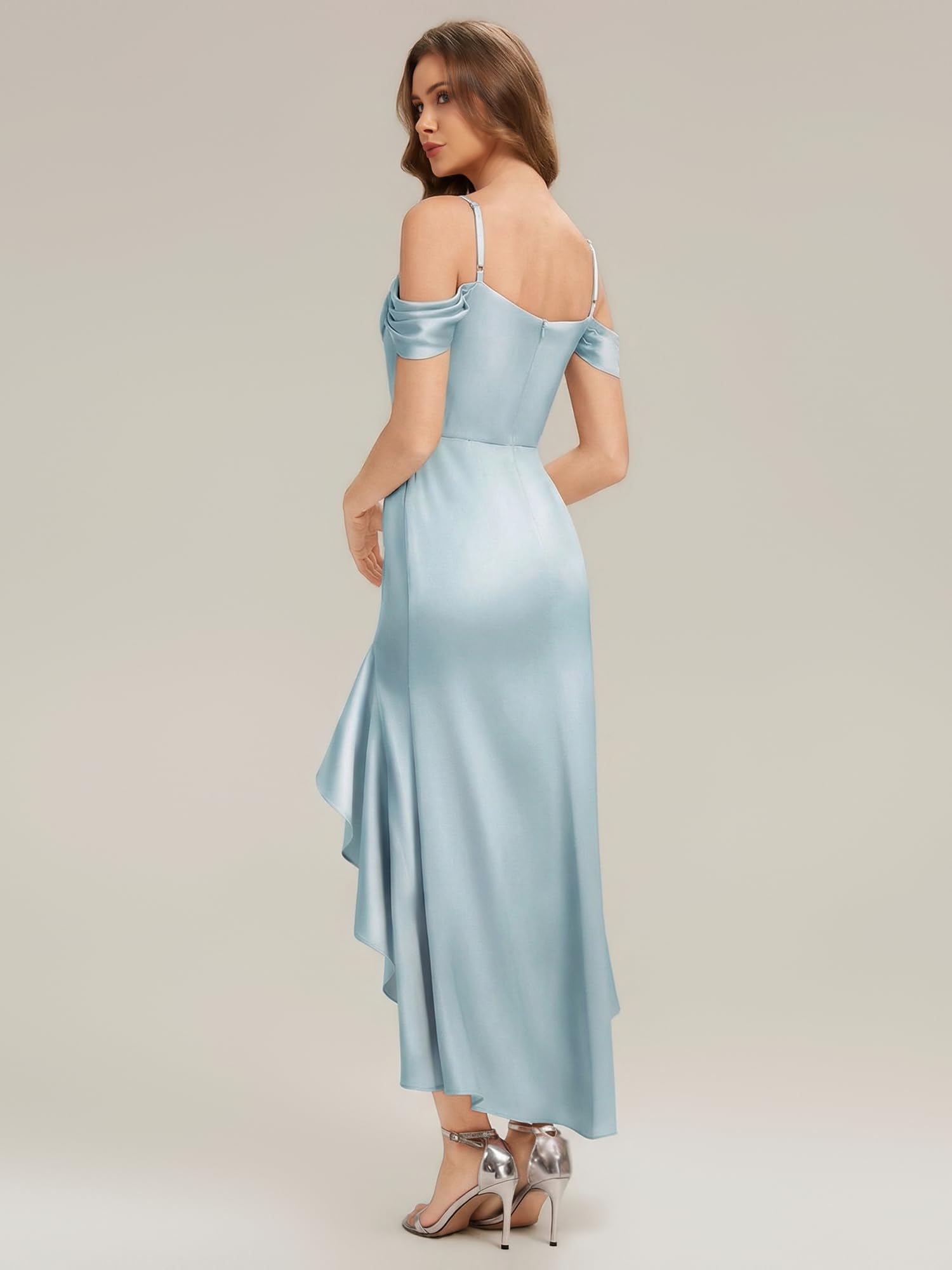 Ever-Pretty Robes de Demoiselle d'honneur Col Drapée Manches Courtes Satin High-Low Robe sirène ES02702