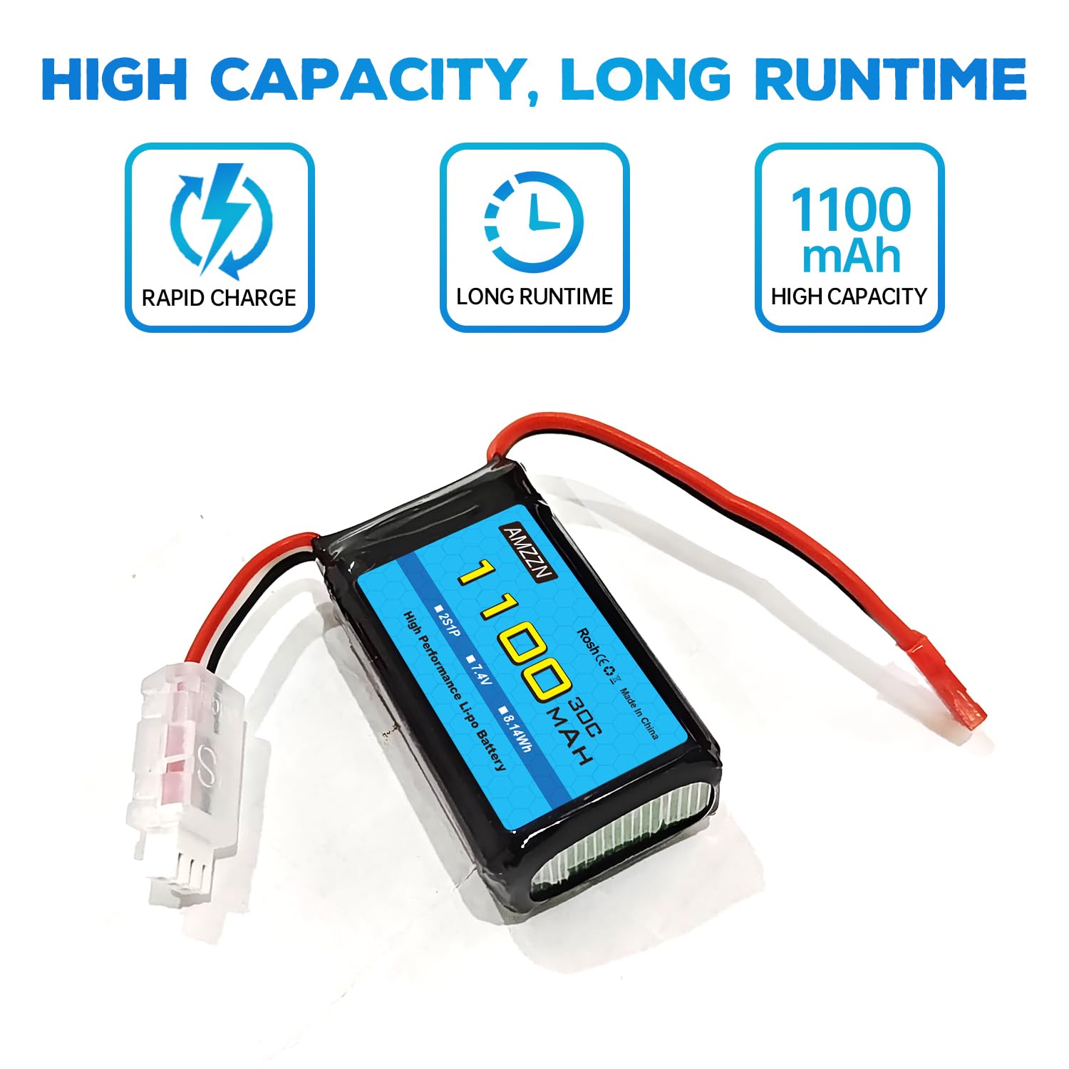 2PCS 7,4V 1100mAh 30C Lipo batterie avec chargeur 2-en-1 pour Wltoys A949 A959 A969 A979 K929 RC voiture, compatible avec 1/10 1/16 1/18 1/24 Ratio RC voiture et A320 A321 V3551 3 drone RC