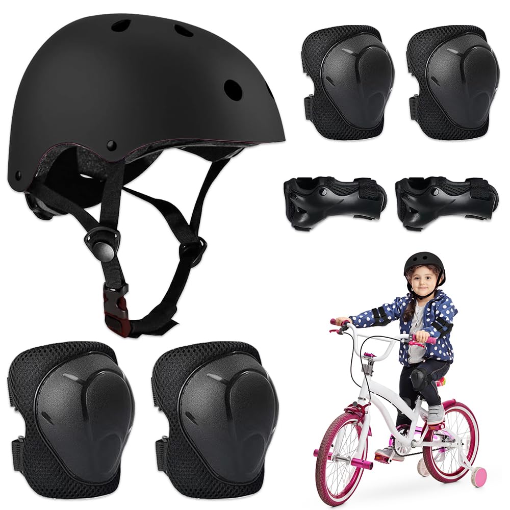 Set di Casco Protezione Bambini, 5 in 1 Casco Bici Protezioni Set per 3-11 Anni Regolabile Polso Ginocchiere Protezione per Skateboard Hoverboard Pattini in Linea(Nero)