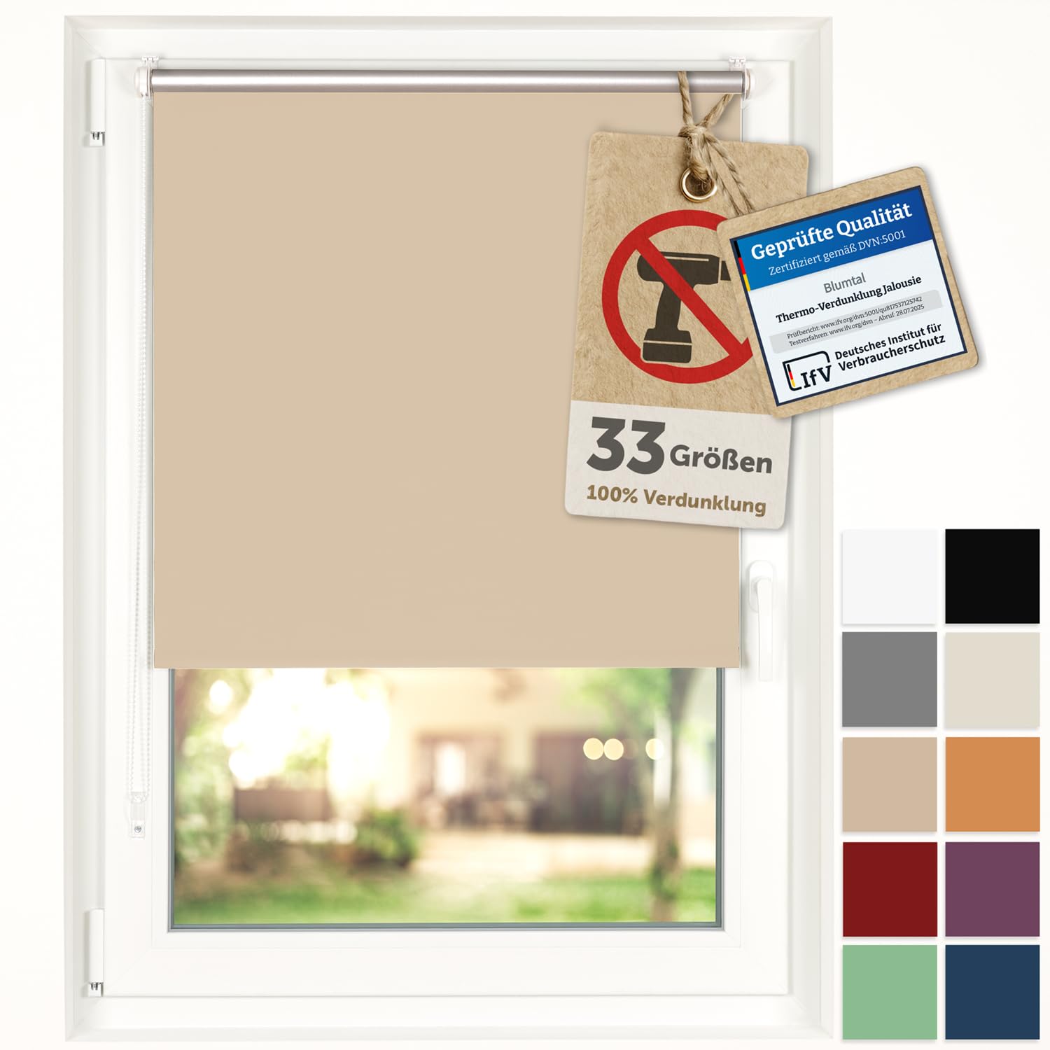 Blumtal Verdunkelungsrollo ohne Bohren 50x130cm - Thermorollo/Verdunklungsrollo 100% Verdunkelung - Verdunkelungsrollo ohne Bohren - 4-lagiges Rollo UV-beständig - Klemmrollo Taupe