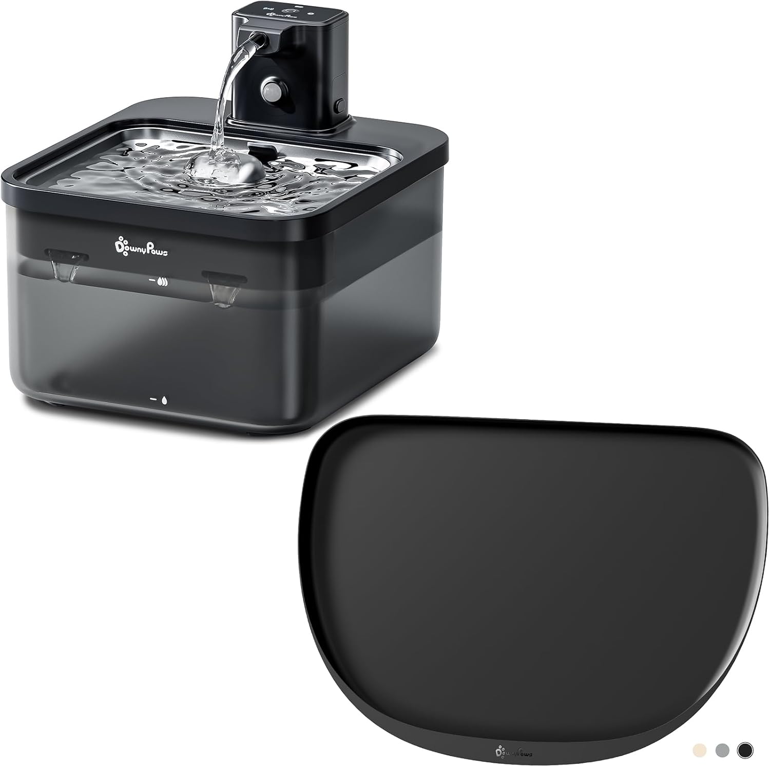 DownyPaws Battery Operated Cat Water Fountain Stainless Steel White and Dog Cat Food Mat for Food and Water, 18"×12.5", Black