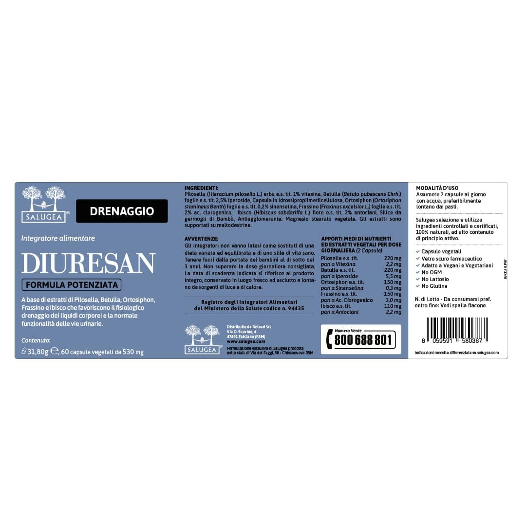 DIURESAN Formula Potenziata Salugea - Integratore 100% Naturale per la Ritenzione Idrica il Drenaggio e la Depurazione - Capsule Vegetali - Flacone In Vetro Scuro (no Plastica) - 60 capsule