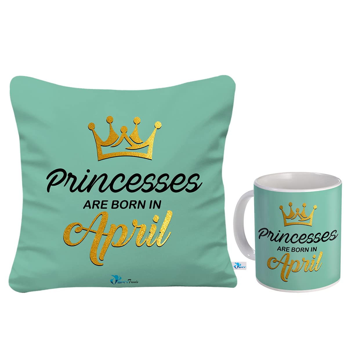 SKYTRENDS Princess are Born in April Printed Birthday Gift Combo(Coffee Mug 350 ml & Cushion 12x12 Inch)/April Born Gifts/April Birthday Gift for Girls/Boys/Girlfriend/Boyfriend/Brother/Sister