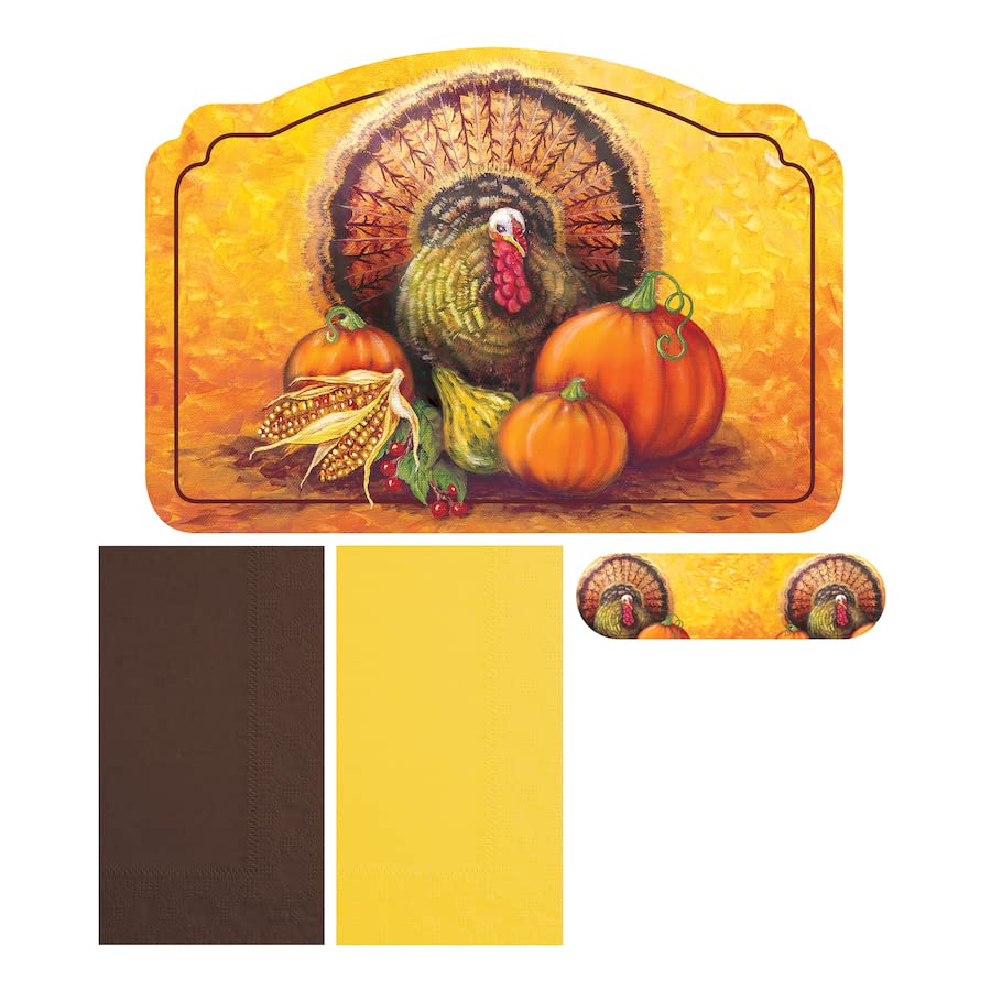 Hoffmaster 856793 Turkey Traditions Thanksgiving - Placemat and Napkin Combo Pack with Napkin Band, Disposable, (Each case has 250 Placemats, and 250 Napkins) (Pack of 750)