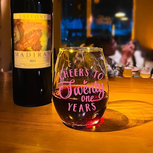 Miniatura 3 de Copa de vino con texto en inglés "Cheers to 21 años", regalo de cumpleaños número 21 para ella, feliz cumpleaños número 21, aniversario, copa de