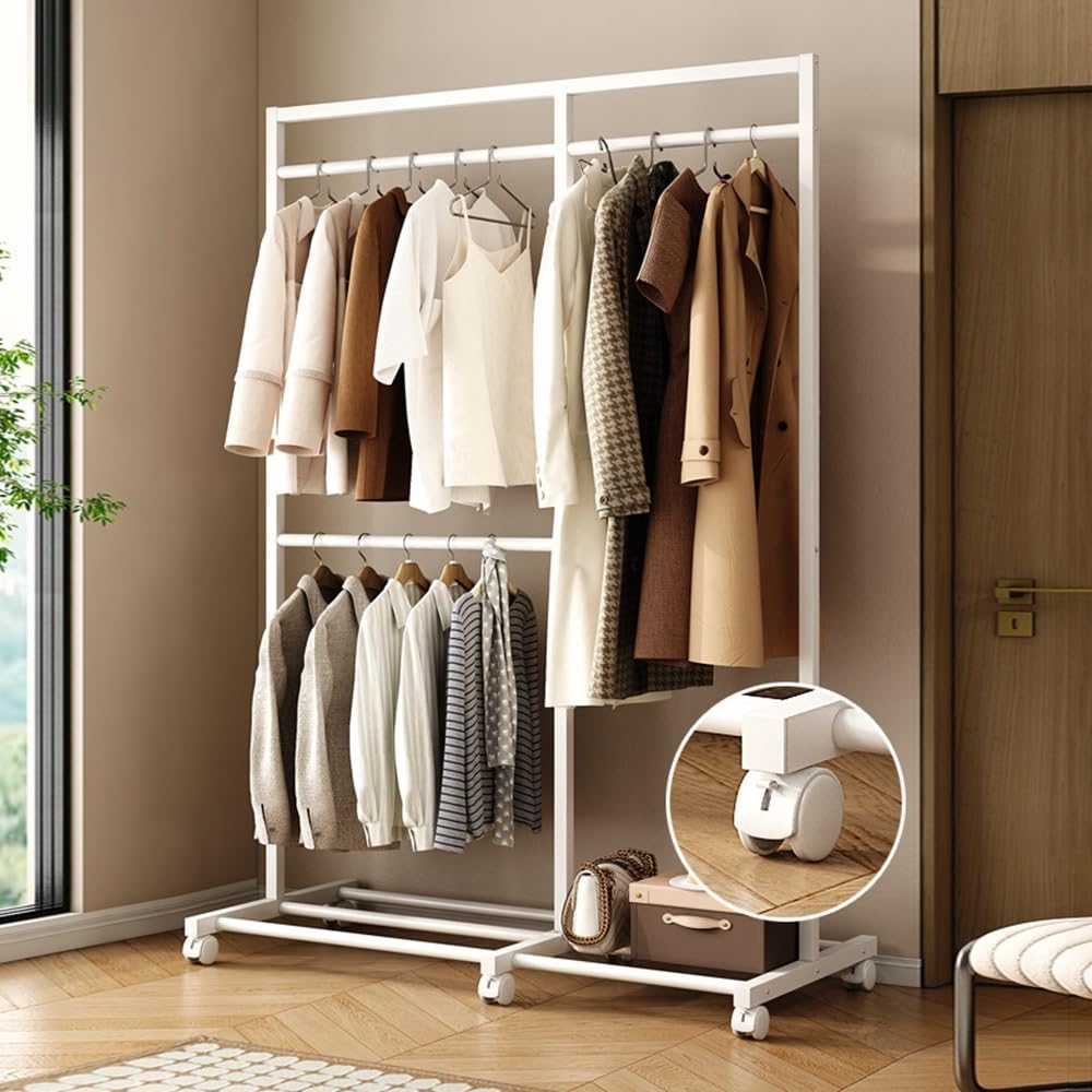 GLigeT Garderobenständer Schlafzimmer Stand Kleiderbügel Haushalt Lagerung Rack Eisen Doppel-Schicht Garderobe Nacht Kleidung Rack Jackenständer(Weiß)