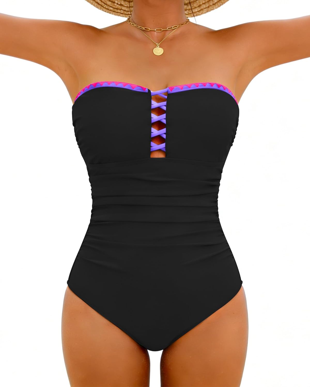 XUNYU One Piece Swimsuit Women Tummy Control Bathing Suit Strapless Bandeau Swimwear Lace Up Slimming Modest Swim Suits 2026