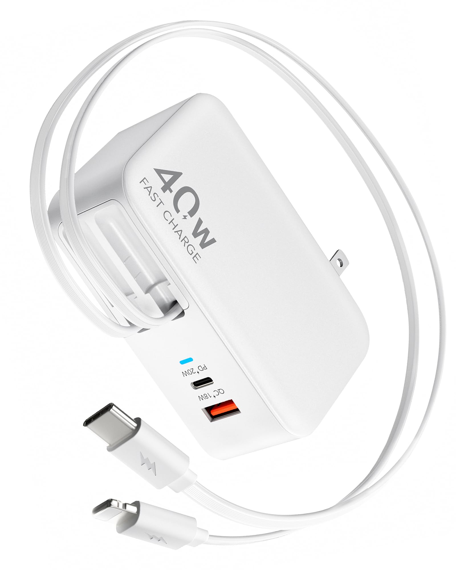 4-in-1 Retractable Gan Wall Charger Plug for iPhone 17 USB C,Travel Essentials Brick Multiport,3ft Lightening+ Type C Cables,40W Fast Charging Foldable Block for iPhone 17 Pro/16/15/14/13,iPad,Galaxy