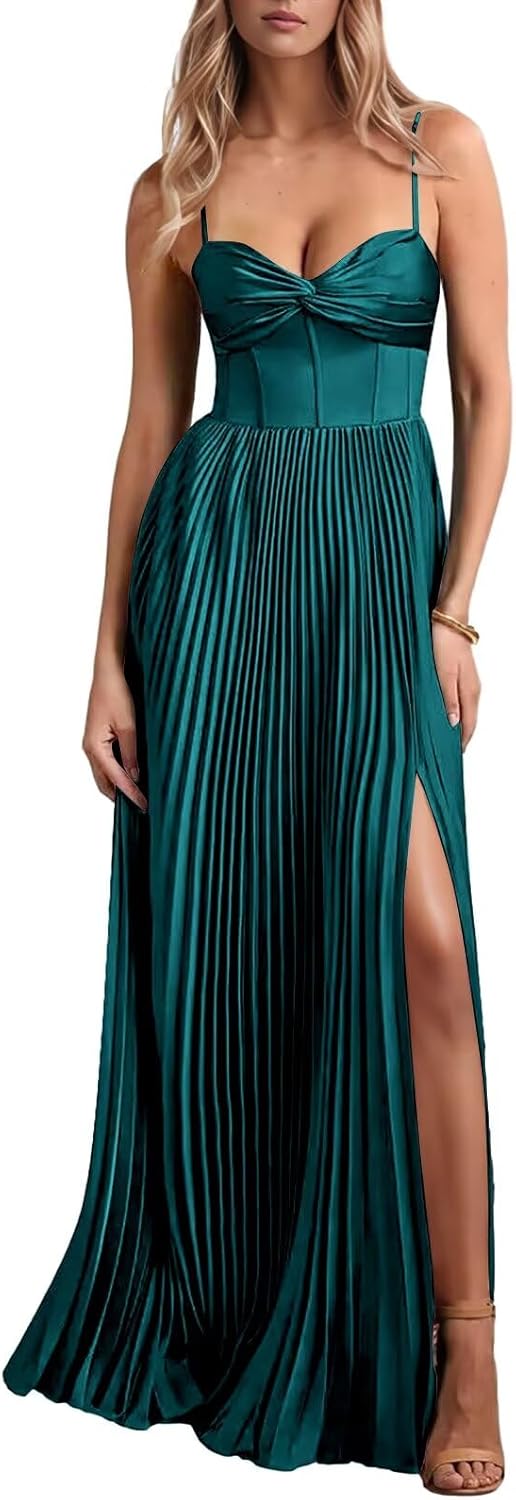 RunaCelle V Neck Satin Bridesmaid Dresses for Women with Slit Spaghetti Straps A Line Pleated Maxi Formal Evening Dress
