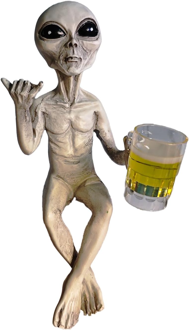 Novelty Alien Statue - Alien with Beer Glass Figurine, Home Office Bar Pub Game Room Desktop Shelf Workstation Coffee Table Ornament (Gray)