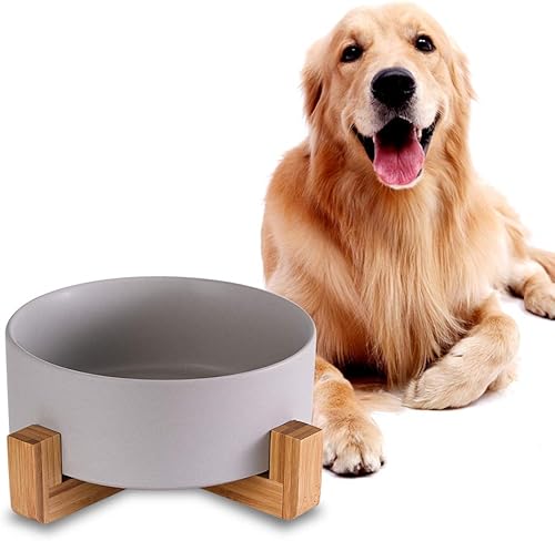 Miniatura 7 de Cuenco de cerámica para perros con soporte de bambú, plato grande para alimentos y agua, pesado, sin volcar, 8.4 pulgadas de diámetro, color blanco