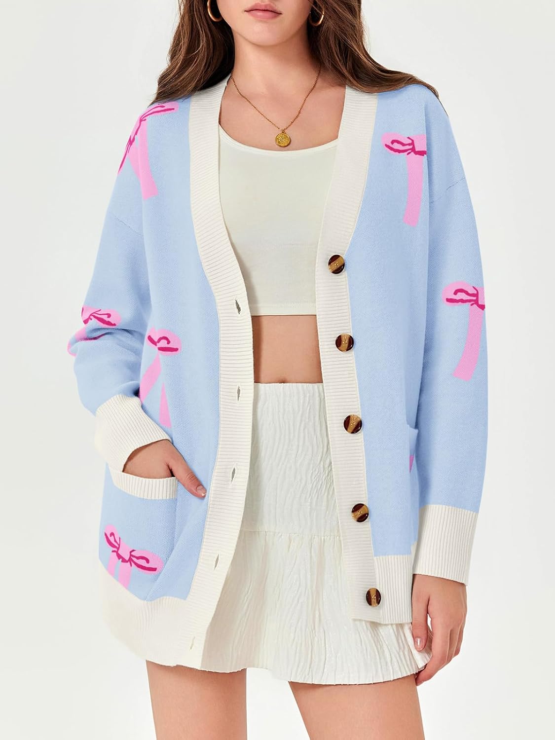 Saodimallsu Womens Oversized Cardigan Sweaters Bow Printed Button V Neck Long Sleeve Loose Knit Fall Trendy Coats - Image 4