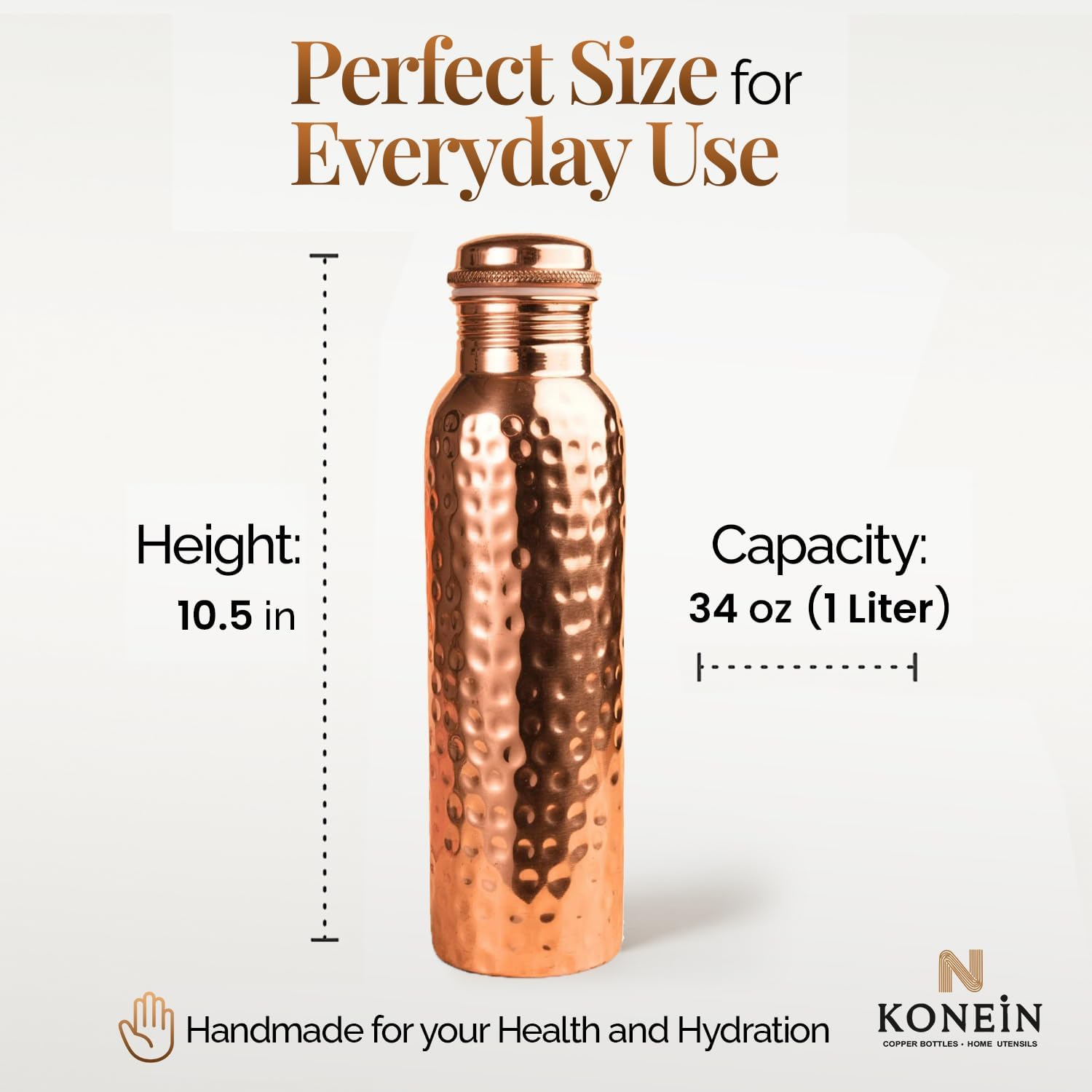 100% Copper Water Bottle, Hammered Finish Design, (34 Oz/1000ml), Ayurvedic Copper Bottle for Drinking water with Nature Health Benefits, Leak-Proof, Durable & Eco-friendly