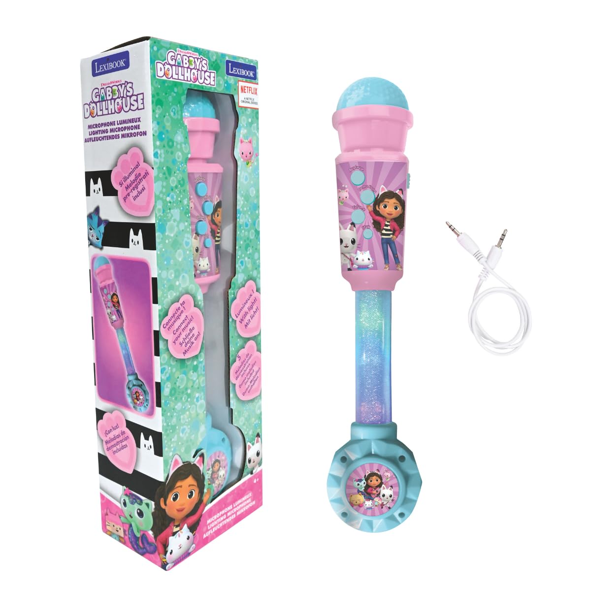 LEXIBOOK, Gabby's Dollhouse, Luminous Microphone for children, Musical Toy, Built-in speaker, Light effects, Aux-in socket, Blue/Pink, MIC90GDHLXB