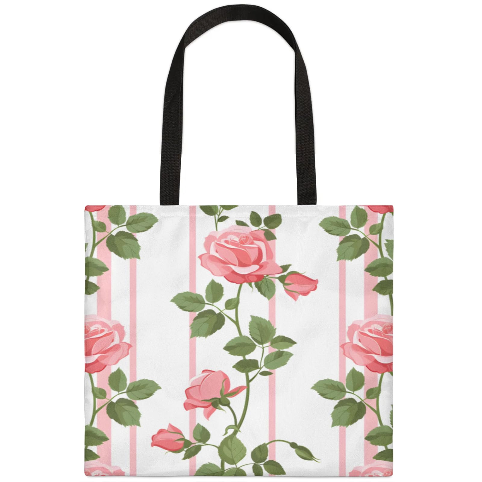 Mularoka Striped Roses Square Canvas Tote Bag Top Handle Purses Stylish Women Canvas Shoulder Tote Bags Reusable Handbags for Work Travel Picnic Beach Shopping Gym Hiking