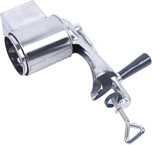 Miniatura 5 de Rallador manual de acero inoxidable, picadora rotativa con 5 cuchillas de tambor, trituradora de verduras, base ajustable, para queso, papas,