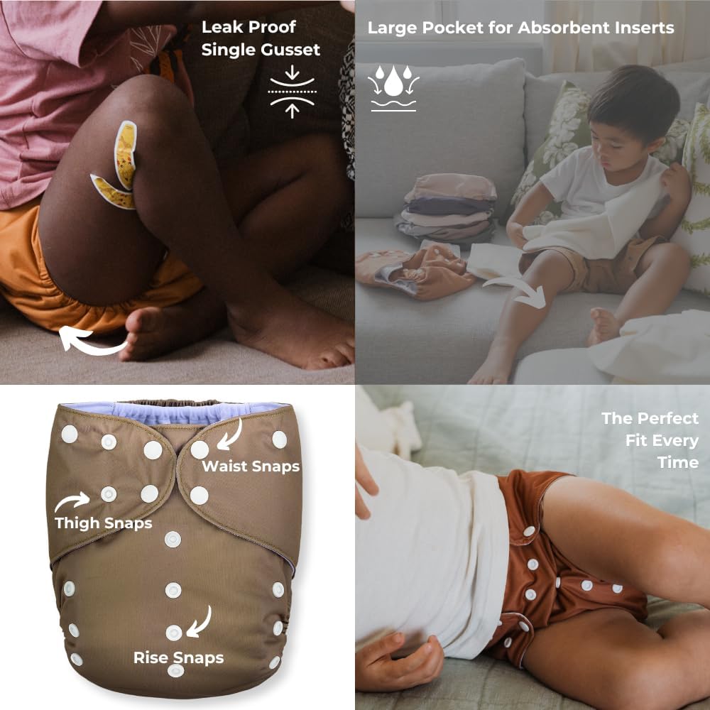 Nora's Nursery Large Pocket Cloth Diaper 7 Pack for Toddlers 35 to 55lbs with 1 Wet Bag - Waterproof Cover, Washable, Reusable & One Size Adjustable - Down to Earth