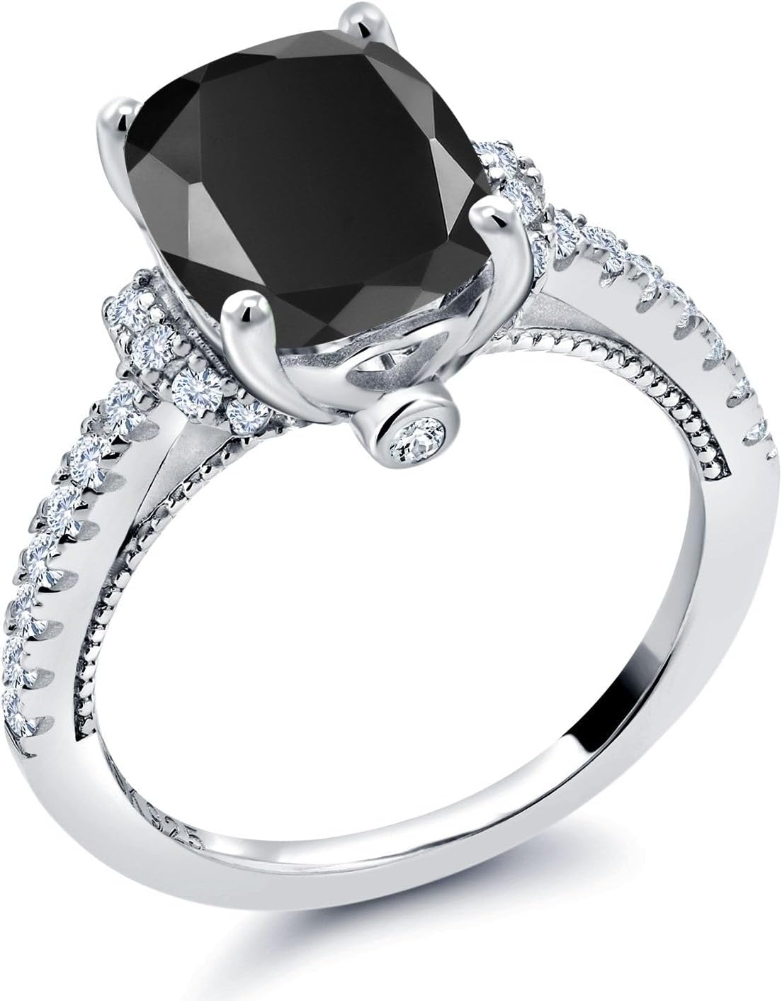 Gem Stone King 3.14 Cttw Black Onyx and White Created Sapphire Engagement Ring For Women | 925 Sterling Silver | 10X8MM Cushion Cut | Gemstone Birthstone | Wedding Anniversary Promise Ring - Image 3