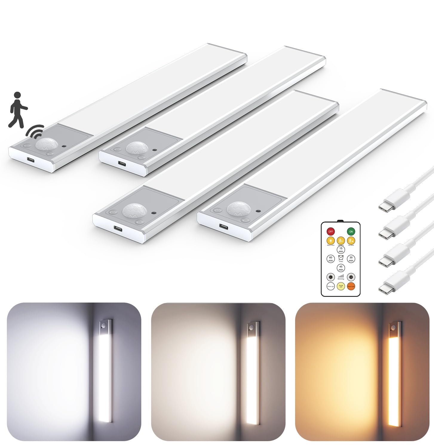 38 LED Unterschrankbeleuchtung, kabellos, mit Fernbedienung, 21,6 cm Bewegungsmelder, wiederaufladbar, Unterschrankleuchten, magnetische Schrankleuchten, batteriebetrieben, Unterbauleuchten für Küche