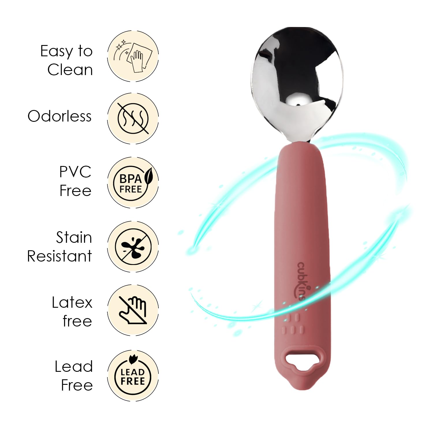 Cubkins Steel Head Spoon for Babies with Soft Silicone Handle | Non Toxic, Food Safe and BPA Free | Washable and Reusable (Raspberry) - Image 5 thumbnail