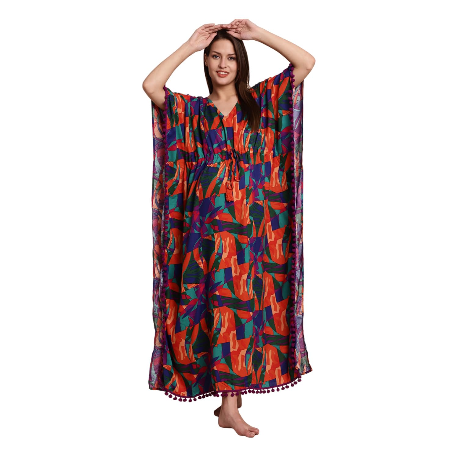 Secret Wish Rayon Maternity Kaftan Nighty/Free Size/Feeding/Nursing/Zipper/Drawstring/Screen Print/Full Length