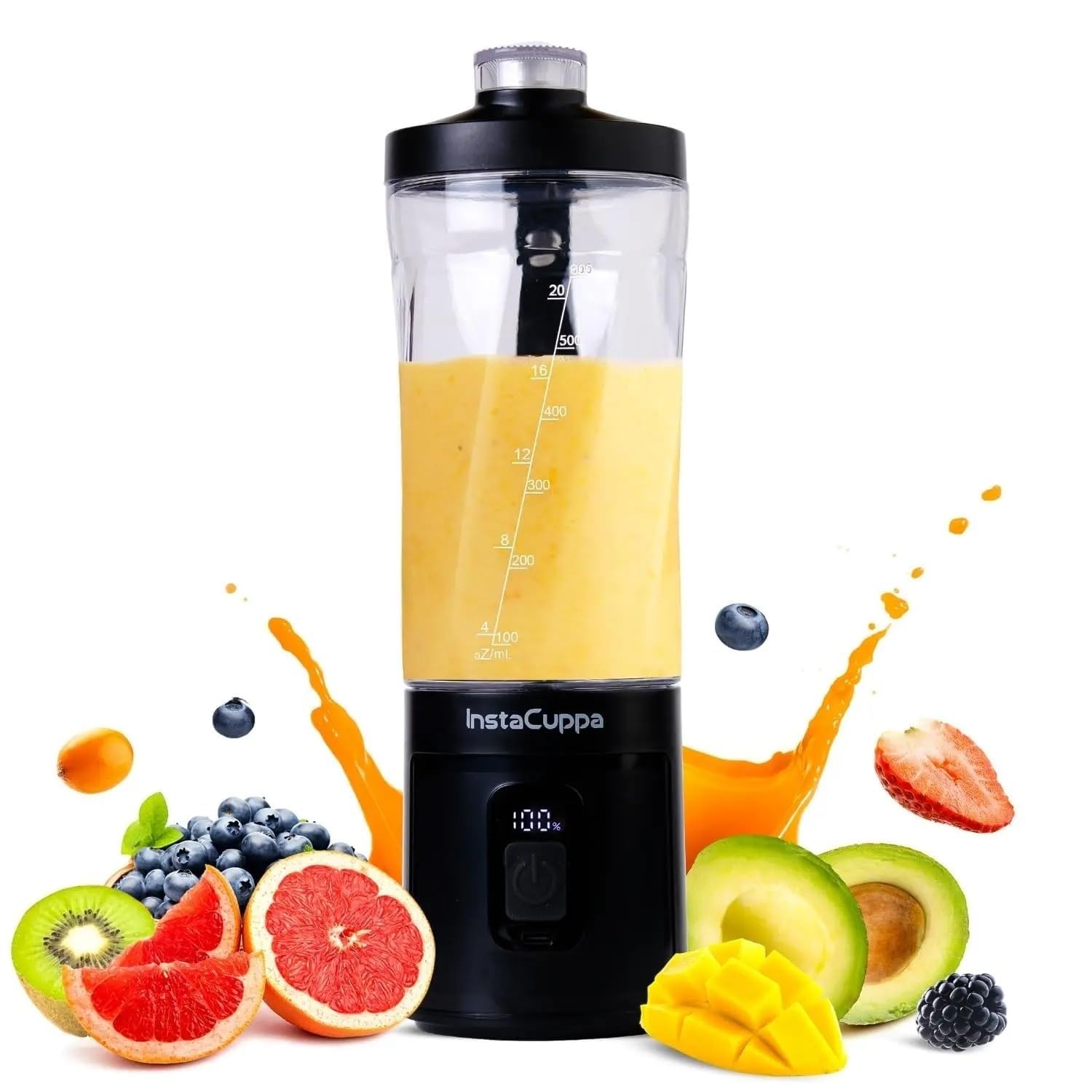 InstaCuppa Portable Blender Bottle | Long Lasting 6000 mAh Battery with Fast Charging | LED Display for Battery Status & 40-Second Blend Timer | Sipper Lid & Detachable Bottom Cap | 230 Watts, 600 ML-image-3