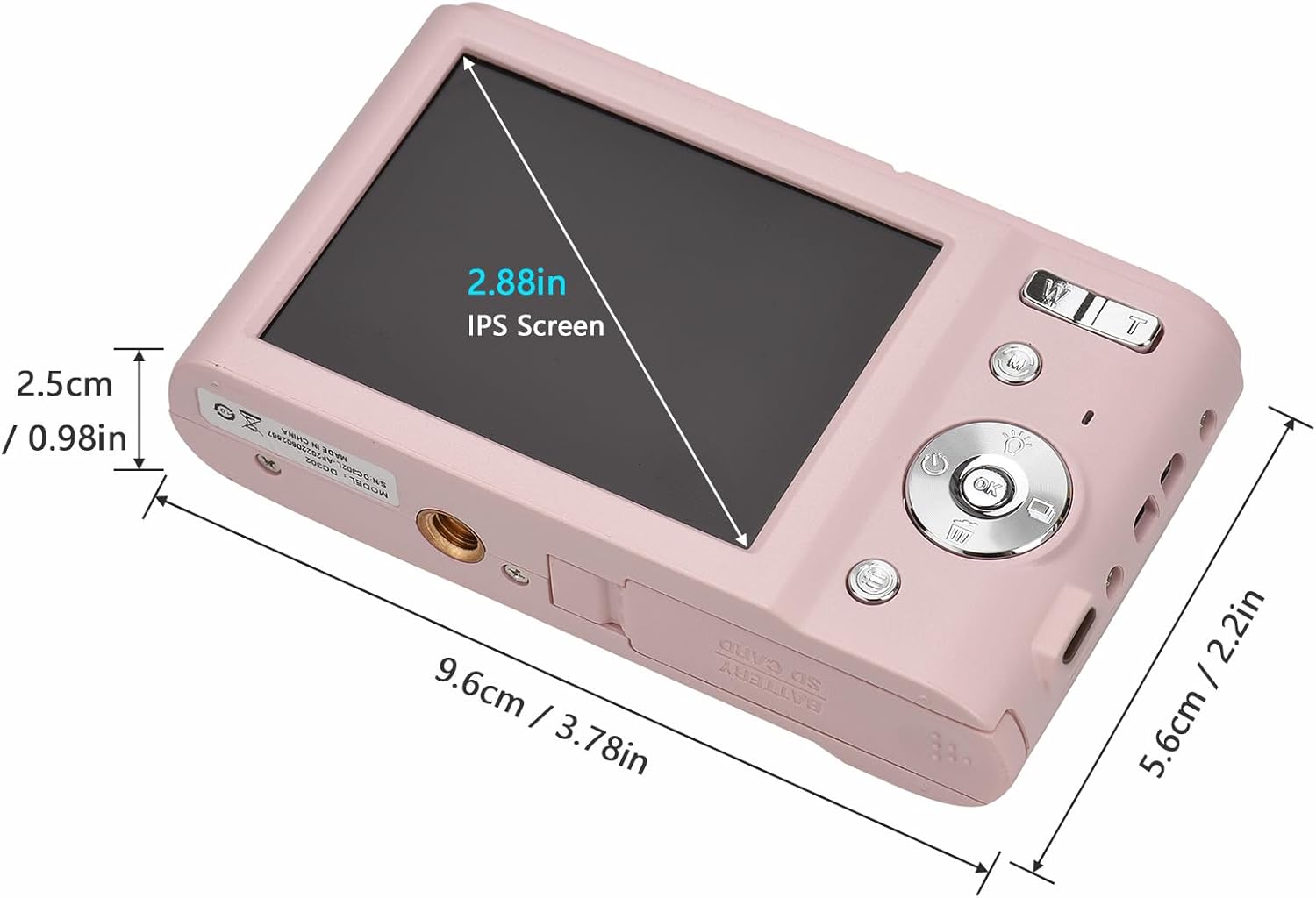 Andoer Digital Camera with dimensions labeled: 2.88in IPS Screen, 2.5cm / 0.98in thickness, 9.6cm / 3.78in length, 5.6cm / 2.2in width.